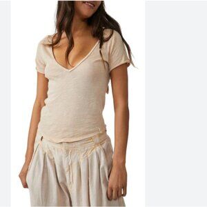 We The Free People Peach Sunny Days Ahead Tee Deep V-Neck Cotton Top Size M
